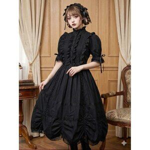 Gothic Lolita Dress Black Cotton Ruffles Pickups Bows High Neck Size Medium
